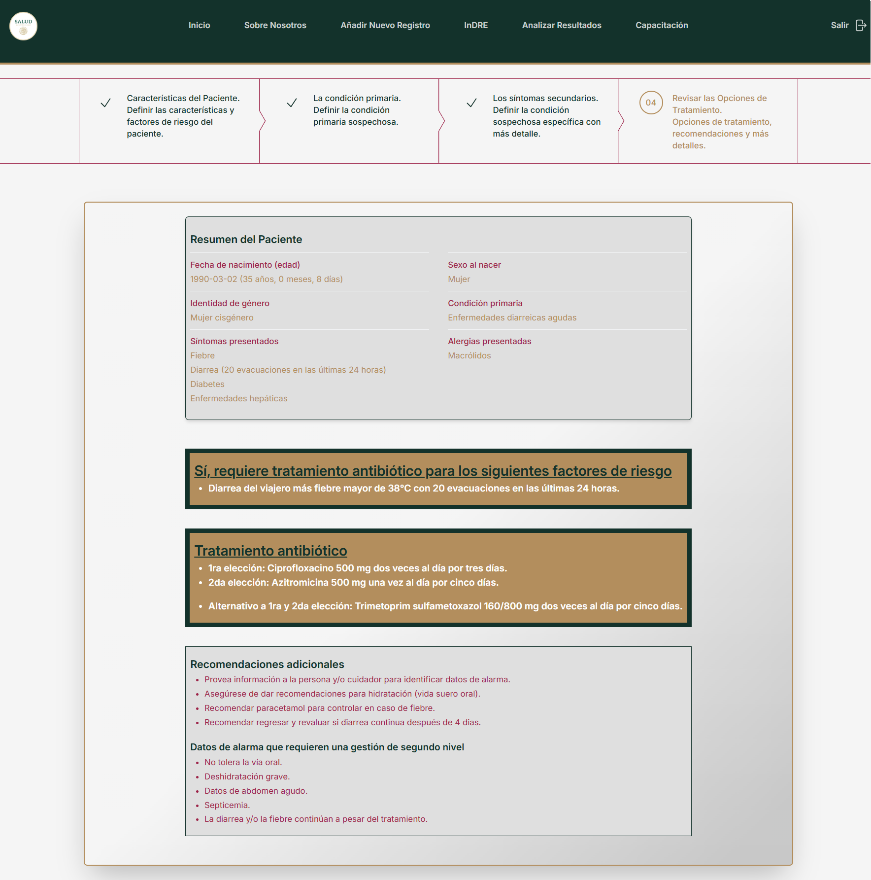Summary of patient condition and treatment recommendations.